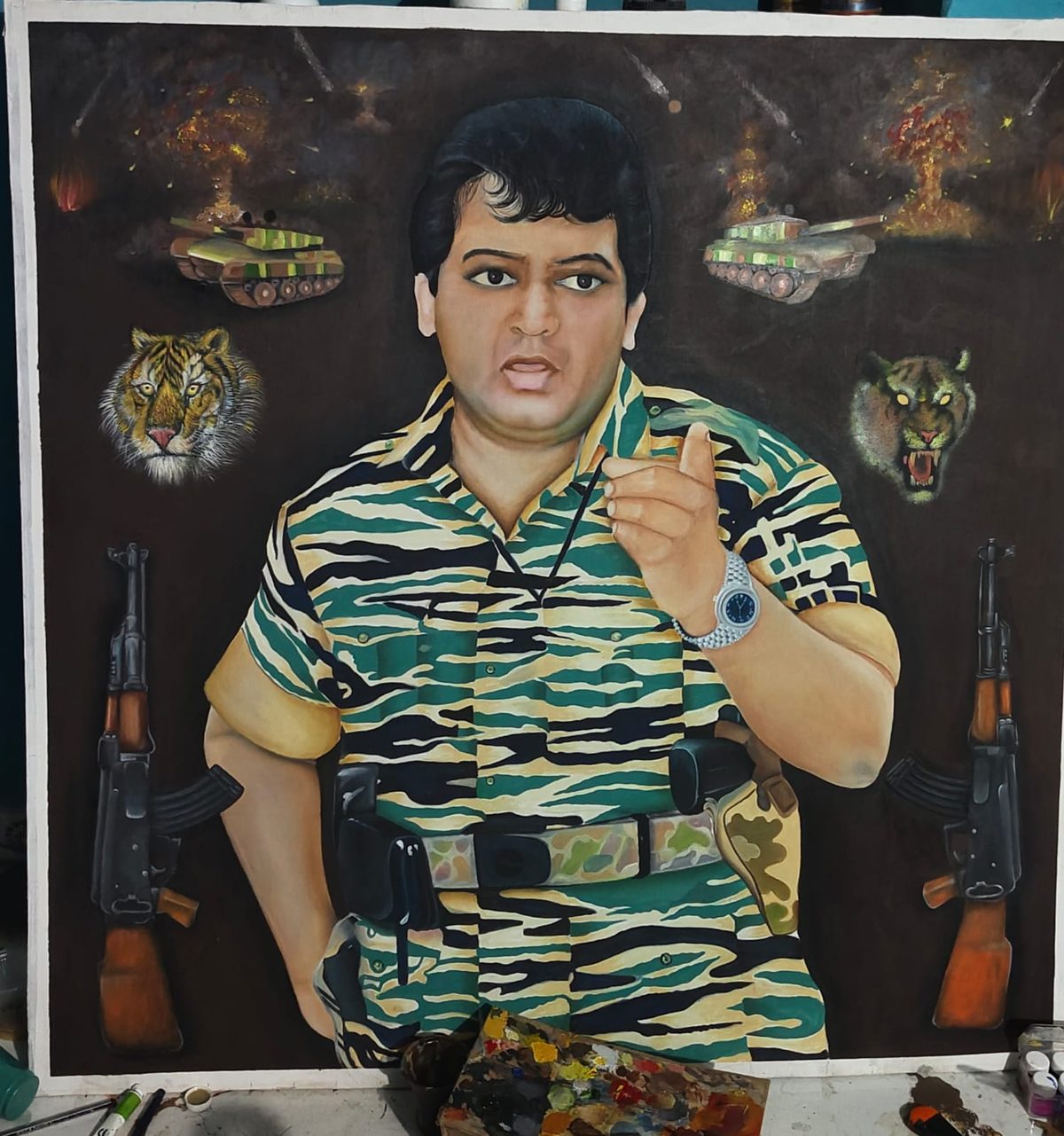 Custom hand-painted portrait commission with a themed backdrop